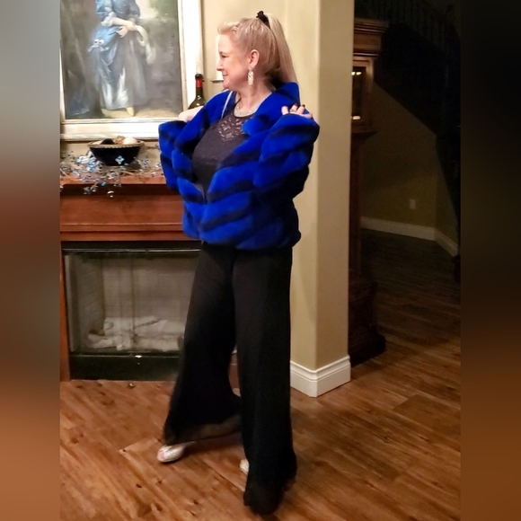 NWT Brilliant Sapphire Blue & Black Rex Chinchilla Fur Coat L/XL - Picture 6 of 17